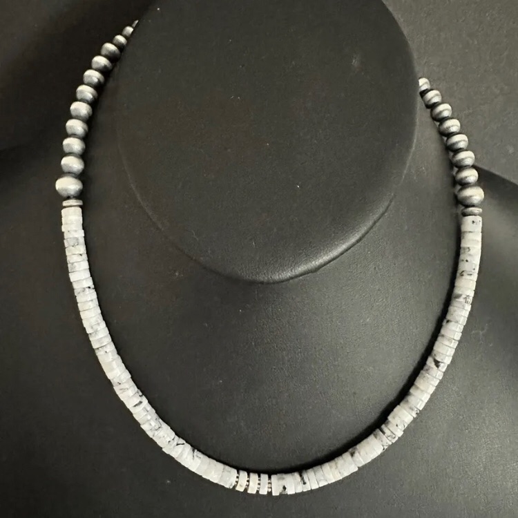 Sterling Silver White Buffalo Turquoise Bead W Pearls Necklace. 18 Inch